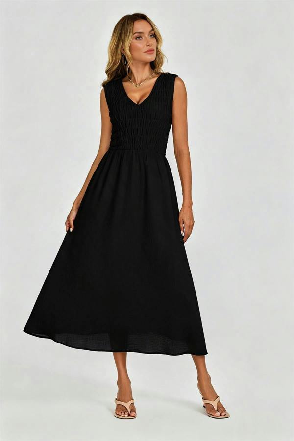 FS Collection Shirred Midi Dress with Sleeveless V-Neck In Black