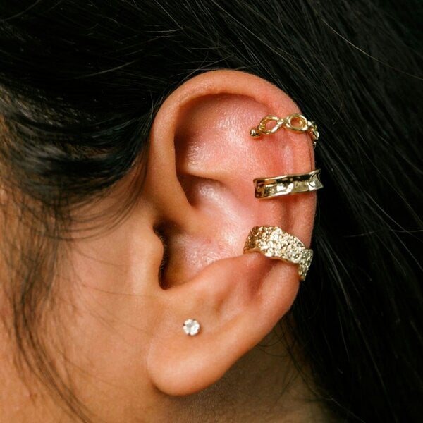 The Colourful Aura Silver And Gold 3 Piece Non Piercing Adjustable Hammered Wire Ear Wrap Cuff