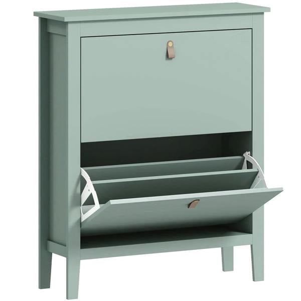 Green shoe cabinet with open front compartment and upper door