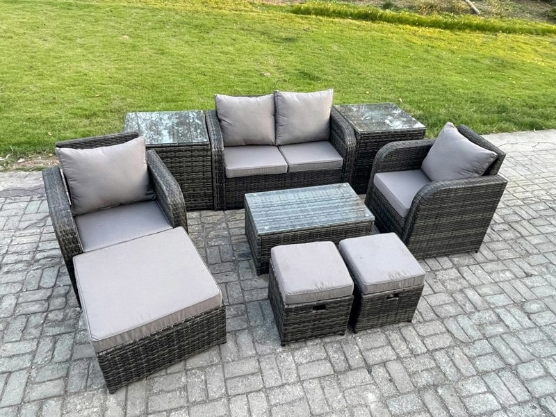 Fimous Wicker PE Rattan Outdoor Furniture Set Garden Love Sofa Coffee Table 2 Armchair 3 Footstools 2 Side Tables Dark Grey Mixed