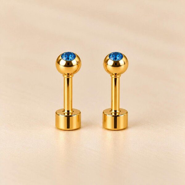The Colourful Aura 18ct Gold Plated Tiny 4mm Ball Flat Back Coloured Stone Stud Earrings - Blue