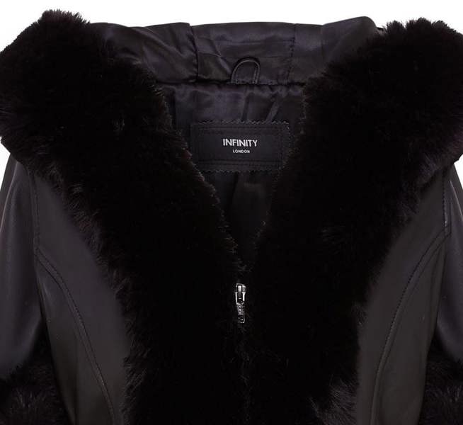 Infinity Leather Womens Flared Black Leather Hooded Cape Coat With Fur - Mandal