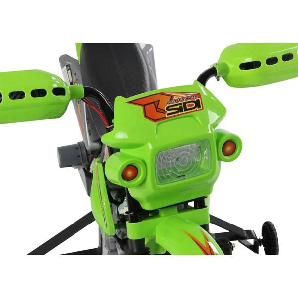 Green front headlight and grille detail on kids electric ride-on motorcycle