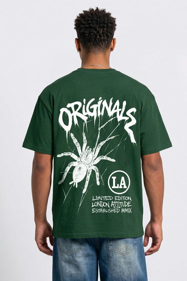 London Attitude Originals Oversized Heavyweight Spider Graphic T-Shirt - Forest green