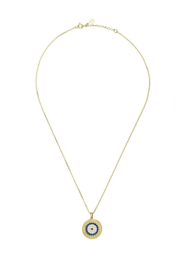 Greek motif framed gemstone evil eye gold necklace.