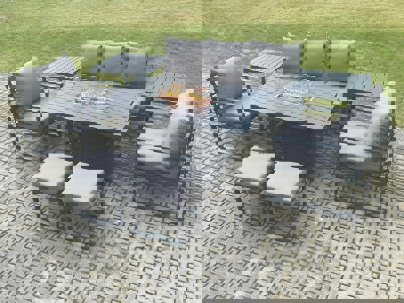 Fimous Aluminium Patio Outdoor Garden Furniture Lounge Sofa Set Gas Fire Pit Dining Table with 2 Side Tables 2 Small Footstools Dark Grey