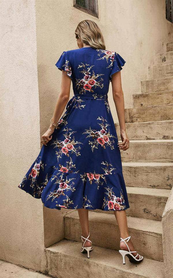 FS Collection Frill Shoulder Sleeve Floral Midi Wrap Dress In Navy