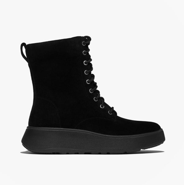 FitFlop F-MODE SUEDE LACE-UP FLATFORM Ladies Ankle Boots All Black