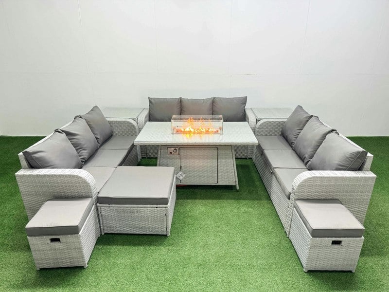 Fimous PE Rattan Lounge Sofa Set 12 Seater Outdoor Garden Furniture Set with Fire Pit Dining Table 3 Seater Sofa 3 Stools 2 Side Table Light Grey