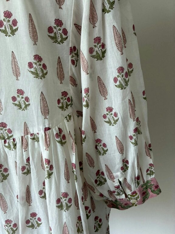 Bella Cream and Pink Wood block printed cotton voile dress