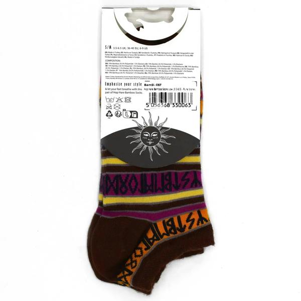 Low-cut bamboo socks, dark brown with orange and purple stripes and rune-style print