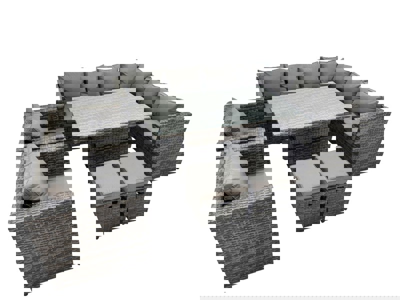 Fimous 10 Seater Rattan Height Adjustable Rising Lifting Table Corner Sofa Sets with 2 Chairs 2 Small Stools Dark Grey Mixed