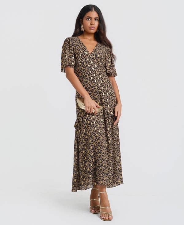 Ruffle Animal Foil Midi Dress