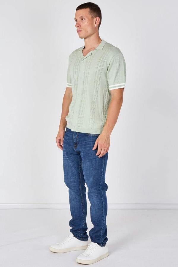 Sage Green Textured Knitted Button-Through Polo Shirt