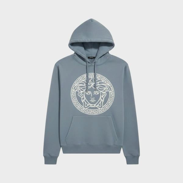 Supplied Fashion baby blue hoodie featuring a white Medusa logo graphic and front kangaroo pocket.