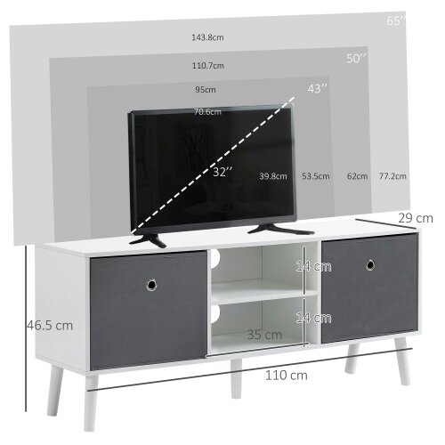 Wyld Haus Nirona 110cm Wooden White TV Storage Cabinet With Grey Fabric Fold Down Drawers For Screens Up To 50 Inches