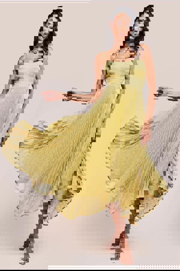 Tie Back Pleated Lurex Skater Midi Dress - Gold DR4246