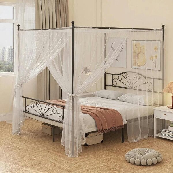 Canopy Bed Frame King Size, Metal Platform Bed Frame with Headboard and Footboard, Underbed Storage, Black