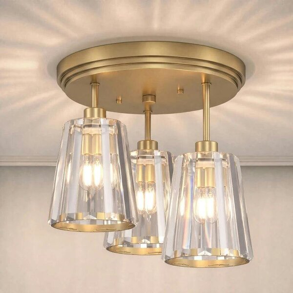 3-Light Crystal Glass Ceiling Light, Triple Head with Dual Mounting, Modern Ceiling Lamp for Living Room, Gold Tone