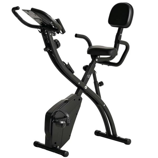 Black 2-in-1 folding exercise bike with seat, handlebars, and base frame