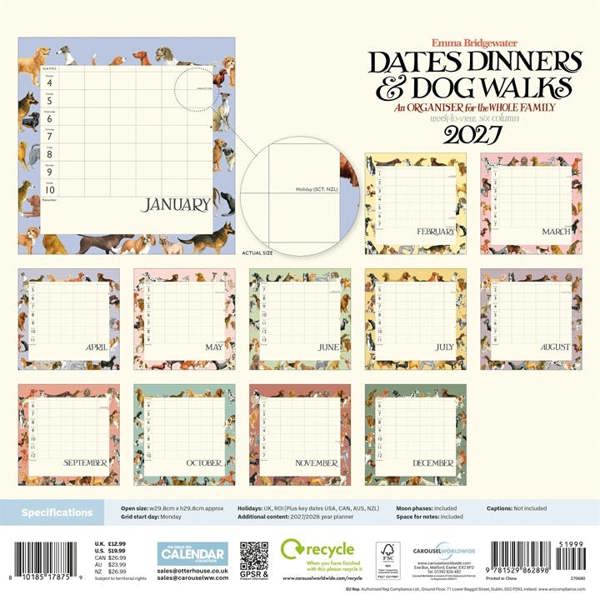 Emma Bridgewater, Dates Dinners & Dog Walks Family Organiser 2027, Family Planners, Week To View, Dogs, Gift