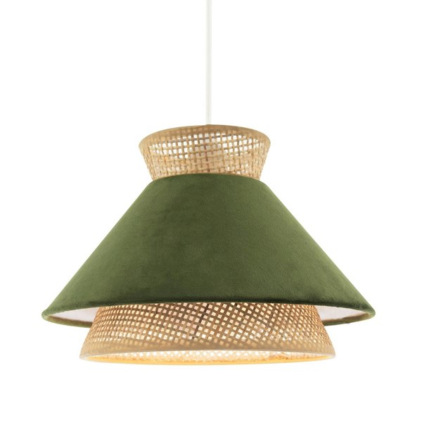 Designer Dark Olive Velvet and Natural Rattan Pendant Lighting Shade Image 1