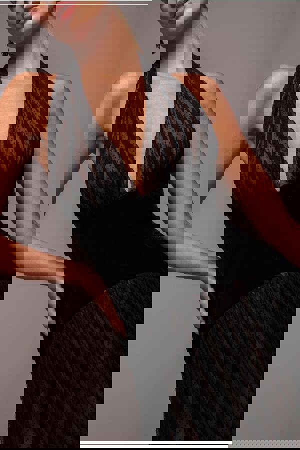 Velvet And Dobby Mesh A Line Halter Maxi Dress - Black DR4842