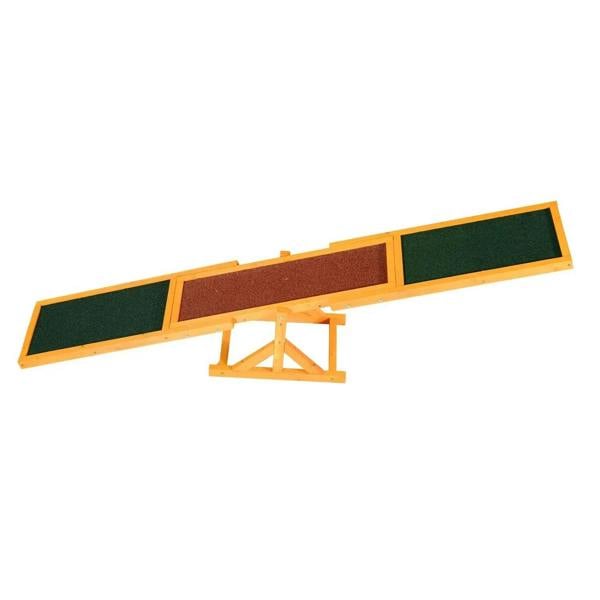 Wooden pet agility seesaw with green textured walking pads and brown center panel