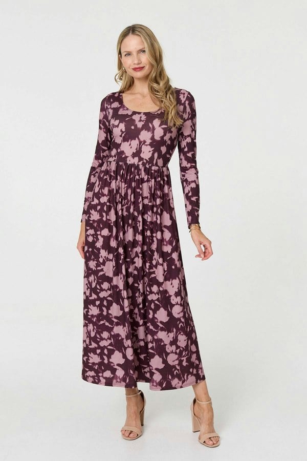 Red | Floral Long Sleeve Jersey Maxi Dress
