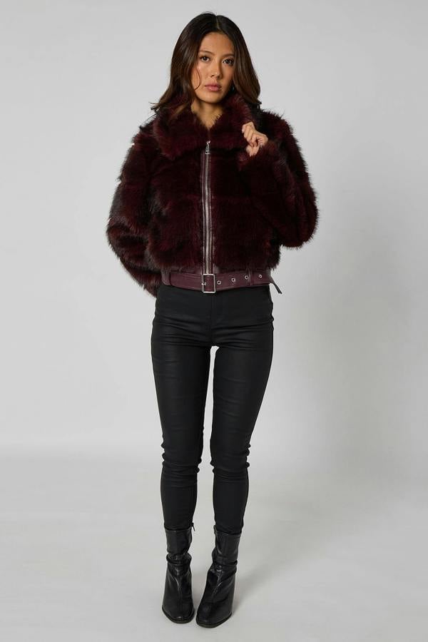 Urban Bliss Cut Faux Fur Belted Bomber Jacket