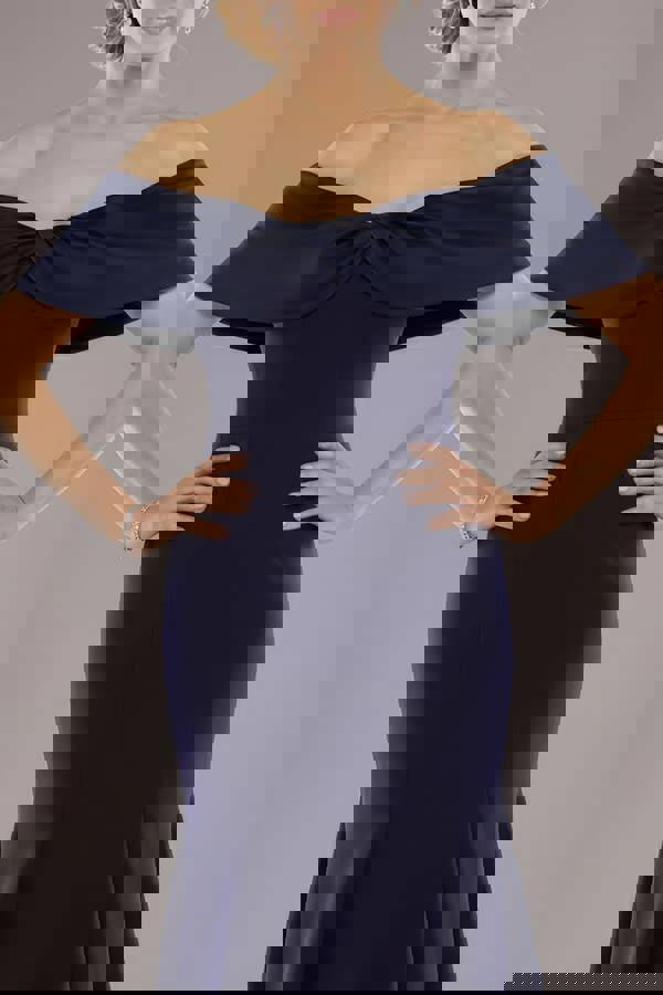 Twist Knot Satin & Scuba Bardot High Low Midi Dress - Navy Blue DR4617M