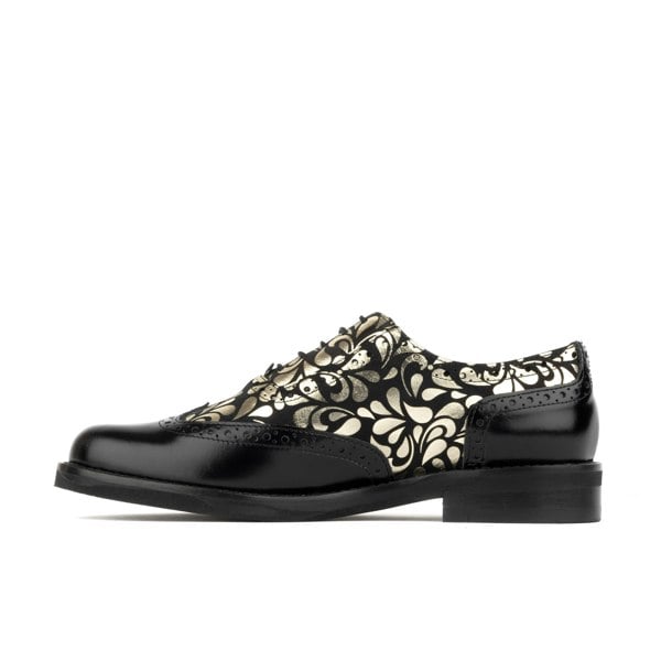 Embassy London Vivienne - Black & Petals - Women's leather oxford shoe with wingtip and brogue details