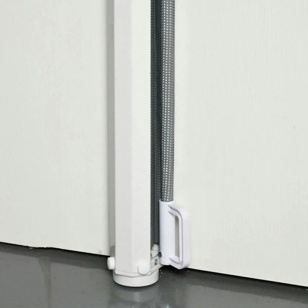Grey retractable dog gate floor base with white mounting bracket