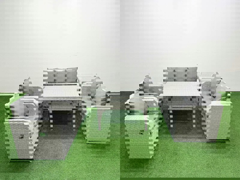 Fimous PE Rattan Garden Furniture Set Reclining Chair Sofa Double Love Seat 2 Seater Sofa Lounge Set Rectangular Dining Table Side Table Light Grey