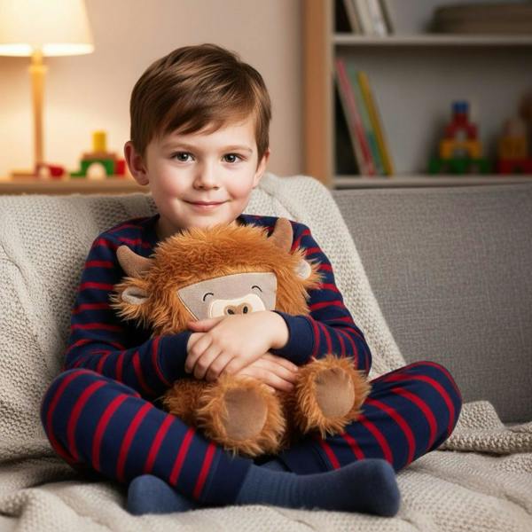 A young boy in striped blue and red pyjamas sitting on a grey sofa, happily hugging a soft, brown plush highland cow hot water bottle.