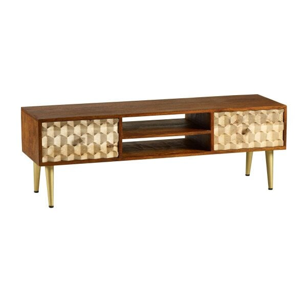 Wyld Haus Shenzhen Mango Wood TV Stand 2 Shelves 2 Drawers Gold Geometric Pattern