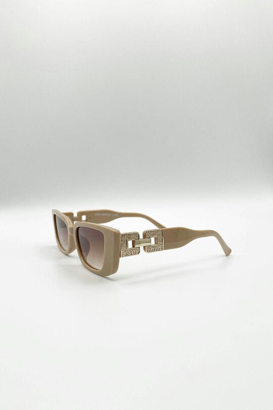 SVNX Rectangle Cateye Side Detail Sunglasses In Khaki