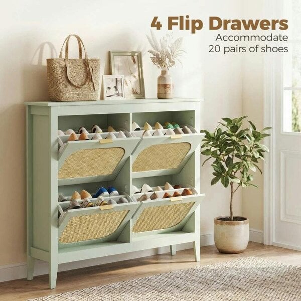 Bobobiy Narrow Shoe Cabinet, Boho Slim Shoe Storage Cabinet with 4 Flip Drawers, Holds 20 Pairs, Light Green