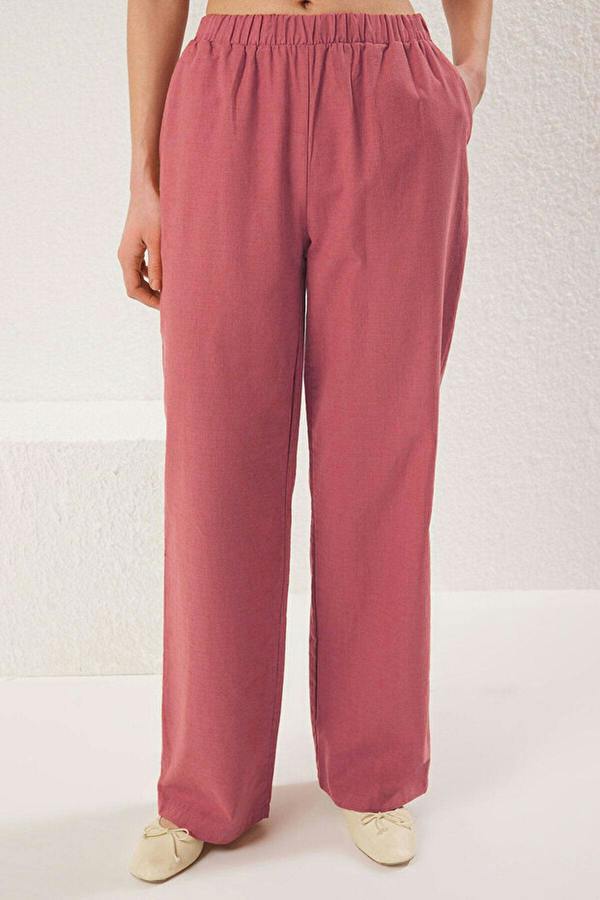 WOVCOR 2-Piece Linen-Look Crew Neck Blouse and Trousers Woven Set