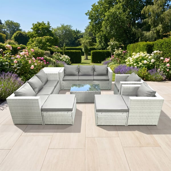 Fimous 10 Seater Rattan Garden Furniture Set with 2 Sofas, 2 Armchairs, Coffee Table, 2 Footstools & Side Table - Light Grey Mixed
