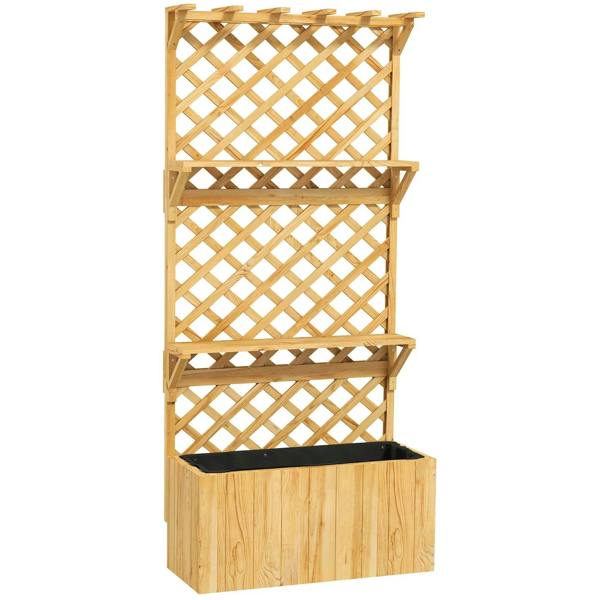 Natural wood planter with lattice trellis, stacked shelves, and front planting box