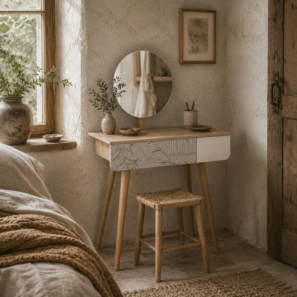 Wyld Haus Zino Oak Wood Botanical Pattern Dressing Table With Adjustable Mirror And Drawer Storage For Bedroom