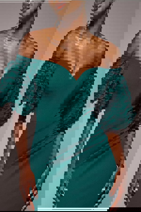 Off The Shoulder 3D Puffed Sleeve Sweetheart Maxi Dress - Emerald Green DR4637