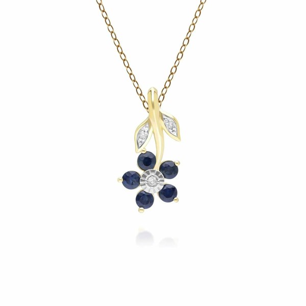 Gemondo Floral Sapphire & Diamond Pendant Necklace in 9ct Yellow Gold