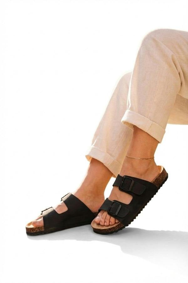 Harper Womens Double Buckle Cork Slide Sandals - JET BLACK_wb