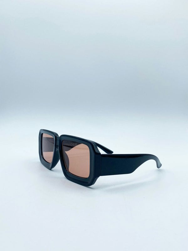 SVNX Oversized Square Frame Sunglasses In Black with Orange Lenses