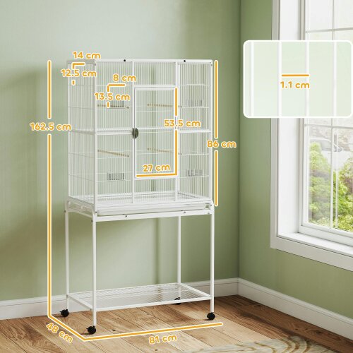 PawHut Rolling Bird Cage w/ Detachable Stand Storage Shelf Wood Perch, White