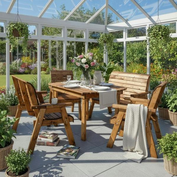Samuel Alexander Handmade 6 Seater Rustic Wooden Indoor Dining Table, Bench & Chair Set