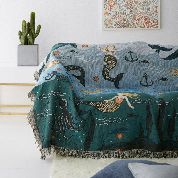 Anyhouz Anycozy Throw Blanket Blue Faux Cashmere Sofa Cover Mermaid Pattern Tassel Soft Picnic Camping Mat 160*260cm