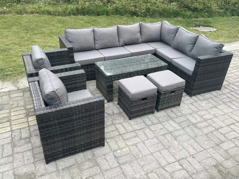 Fimous 10 Seater Rattan Corner Sofa Lounge Sofa Set With Rectangular Coffee Table 2 Stool Dark Grey Mixed Right Hand